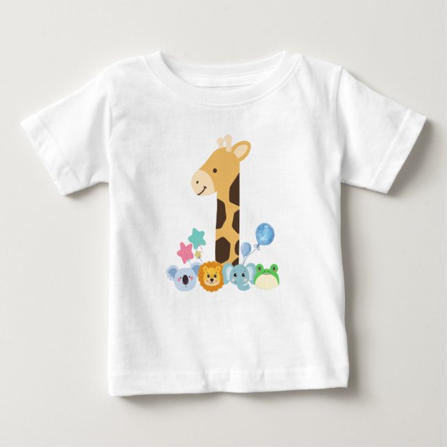 My First Birthday. Giraffe and Happy Animals Desig Baby T-Shirt (Front)