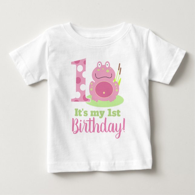 My First Birthday Girl's Pink Frog T-Shirt (Front)