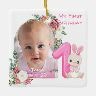 My First birthday Pink Baby Girl Photo floral Ceramic Ornament