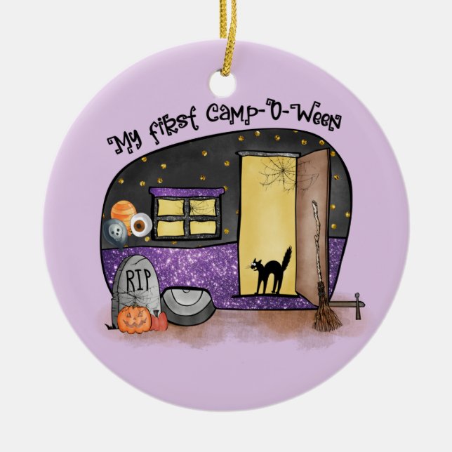 My First Camp-O-Ween – Spooky Black Cat Ceramic Tree Decoration (Front)