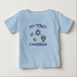 My First Chanukah Baby T-Shirt<br><div class="desc">Celebrate baby's first Chanukah with personalised Hanukkah menorah,  dreidels and Jewish Star with adorable "My First Chanukah".</div>