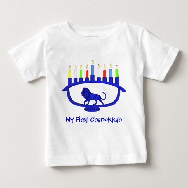 My First Chanukkah Blue Lion Menorah Baby T-Shirt (Front)