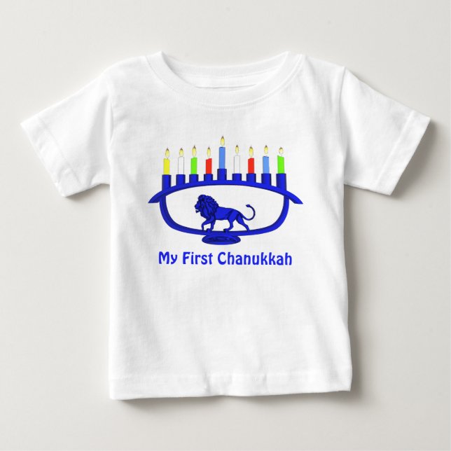 My First Chanukkah - Blue Lion Menorah Baby T-Shirt (Front)