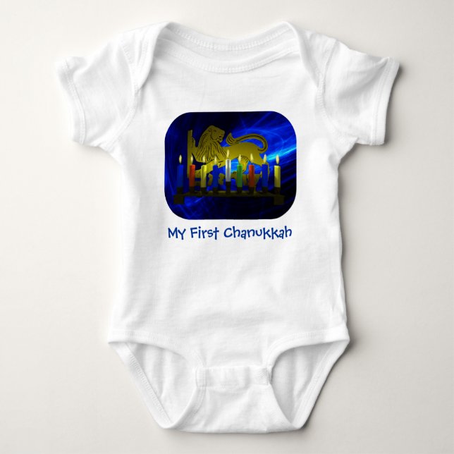 My First Chanukkah Brass Lion Menorah Baby Bodysuit (Front)
