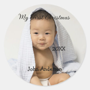 My first Christmas add baby name date year photo s Classic Round Sticker