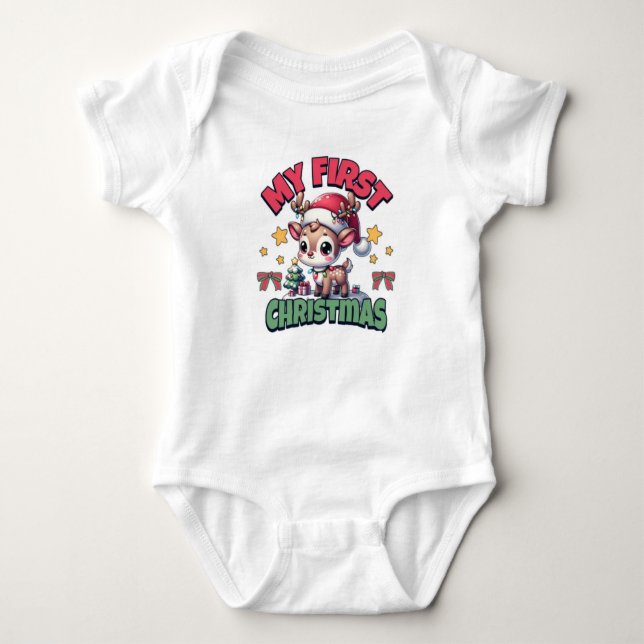 My First Christmas - Adorable Baby Reindeer Design Bodysuit (Front)
