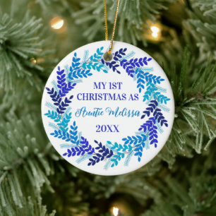 My First Christmas as Auntie Elegant Blue Wreath Ceramic Tree Decoration