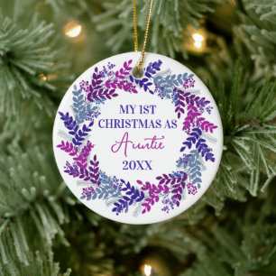 My First Christmas as Auntie Year Purple Wreath Ceramic Tree Decoration