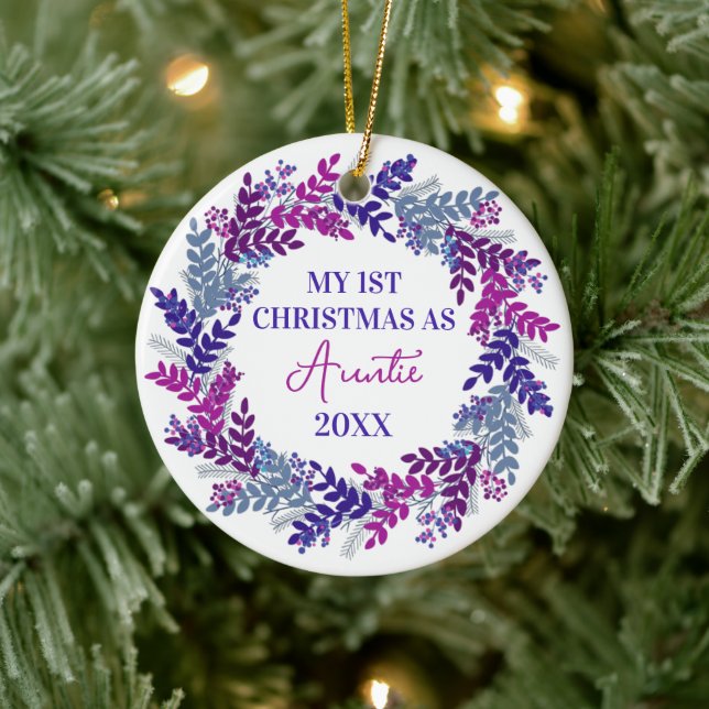 My First Christmas as Auntie Year Purple Wreath Ceramic Tree Decoration (Tree)