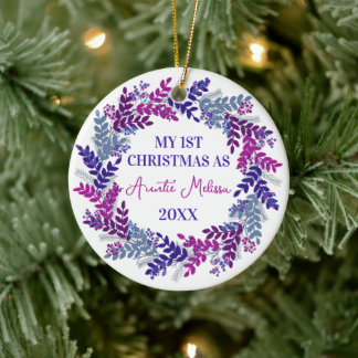 My First Christmas as Auntie Year Purple Wreath Ceramic Tree Decoration