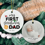 My first Christmas as dad with name and photo Ceramic Tree Decoration<br><div class="desc">Show your happiness for your first Christmas as a dad with this lovely first Christmas ornament decorated with a red Santa hat,  holly leaves,  and colourful Christmas lights. Easily customisable with the baby's name and date of birth and one of your favourite pictures on the reverse.</div>