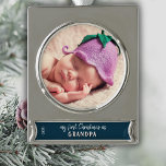 My First Christmas as Grandpa Photo Silver Plated Banner Ornament<br><div class="desc">My First Christmas as Grandpa Photo Silver Plated Banner Ornament. This Christmas photo ornament is a sweet keepsake for the first time grandpa. Add your photo and year. All the text can easily be customised.</div>