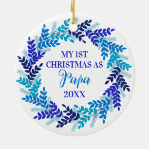 My First Christmas as Papa Elegant Blue Wreath Ceramic Tree Decoration