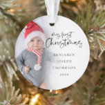 My First Christmas Baby 2 Photos Name Year Ornament<br><div class="desc">My First Christmas Baby 2 Photos Name Year Keepsake Celebrate your baby's first Christmas and a lovely memento for Christmasses to come too. A stylish set script for My First Christmas and the rest of the text is easy to personalise. Replace the sample photo on each side with your own....</div>