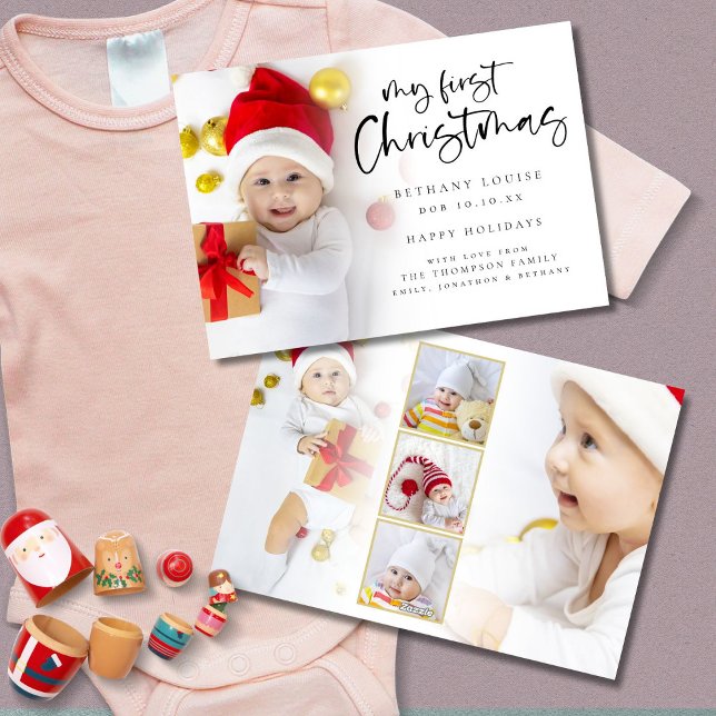 My First Christmas Baby 6 Photo Holiday Card (Front and back view)