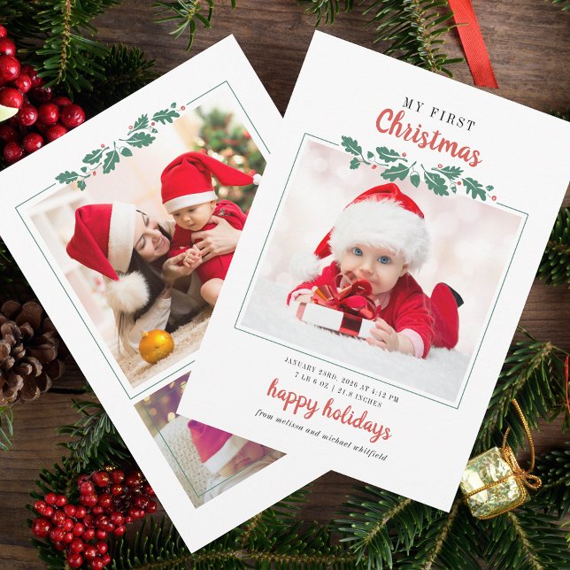 My First Christmas Baby Birth Photo Holiday Card (First Christmas Baby Photo Collage Holiday Greetings)