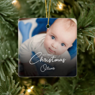 My First Christmas Baby Boy Stats Photo Script Ceramic Ornament