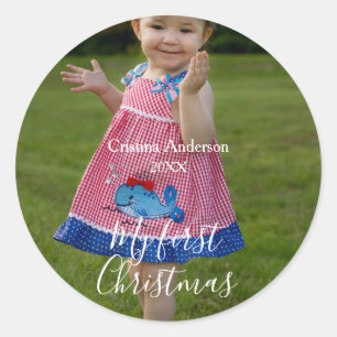 my first Christmas baby girl photo name year simpl Classic Round Sticker