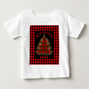 My First Christmas baby Name red palaid xmas tree T-Shirt