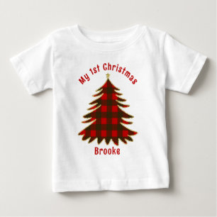 My First Christmas baby Name red palaid xmas tree T-Shirt