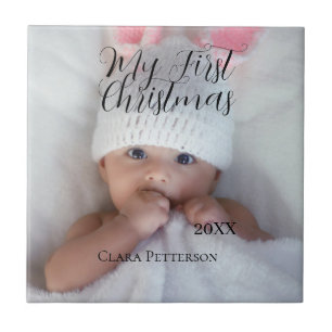 My first Christmas baby photo add name year modern Tile