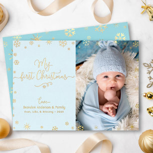 My First Christmas Baby Photo Aqua Blue Real Gold