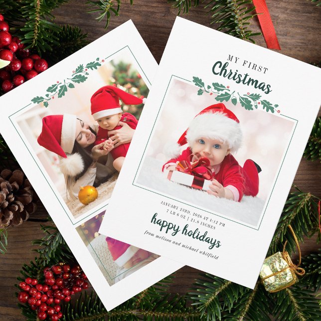 My First Christmas Baby Photo Birth Stats Holiday (1st Christmas Baby Photo Collage Greetings)