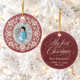 My First Christmas Baby Photo Burgundy Rose Floral Ceramic Tree Decoration