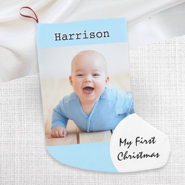 My First Christmas Baby Photo Custom Name Blue Small Christmas Stocking (A light blue 'My First Christmas' stocking to personalize with your baby's  photo and name)