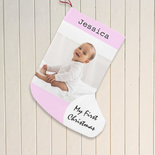 My First Christmas Baby Photo Custom Name Pink Small Christmas Stocking