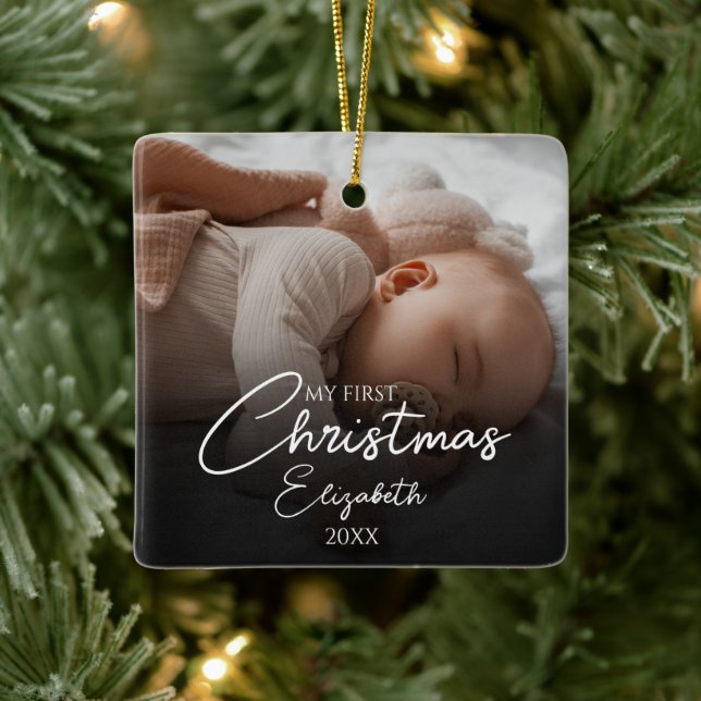 My First Christmas Baby Photo Elegant Script Ceramic Ornament (Tree)