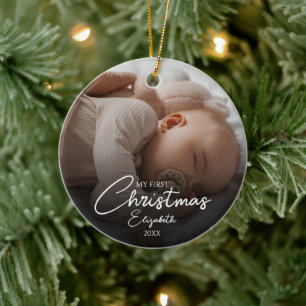 My First Christmas Baby Photo Elegant Script Ceramic Tree Decoration