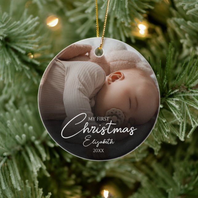 My First Christmas Baby Photo Elegant Script Ceramic Tree Decoration (Tree)