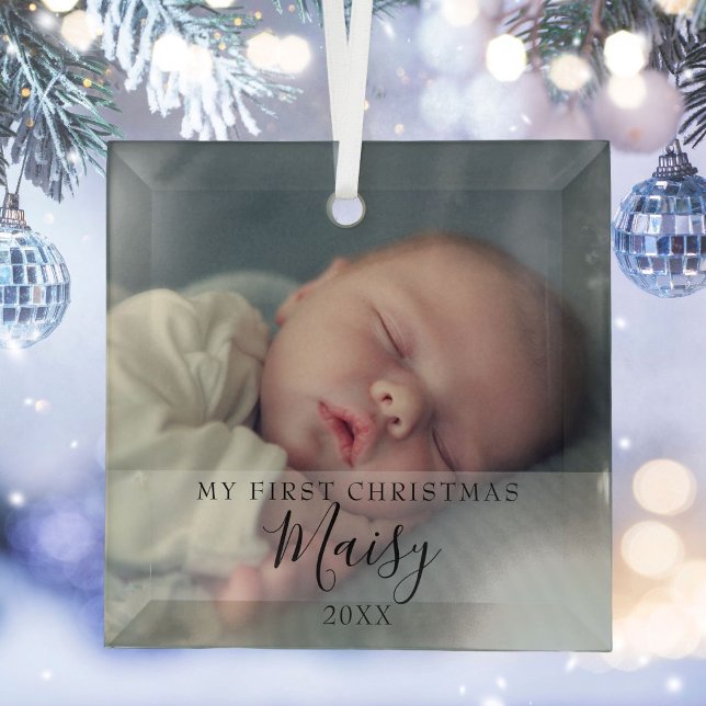 My First Christmas Baby Photo Elegant Script Glass Glass Tree Decoration (My First Christmas Baby Photo Elegant Script Glass Glass Ornament)