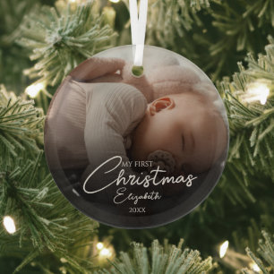 My First Christmas Baby Photo Elegant Script Glass Tree Decoration