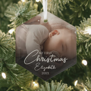 My First Christmas Baby Photo Elegant Script Glass Tree Decoration