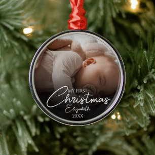 My First Christmas Baby Photo Elegant Script Metal Tree Decoration