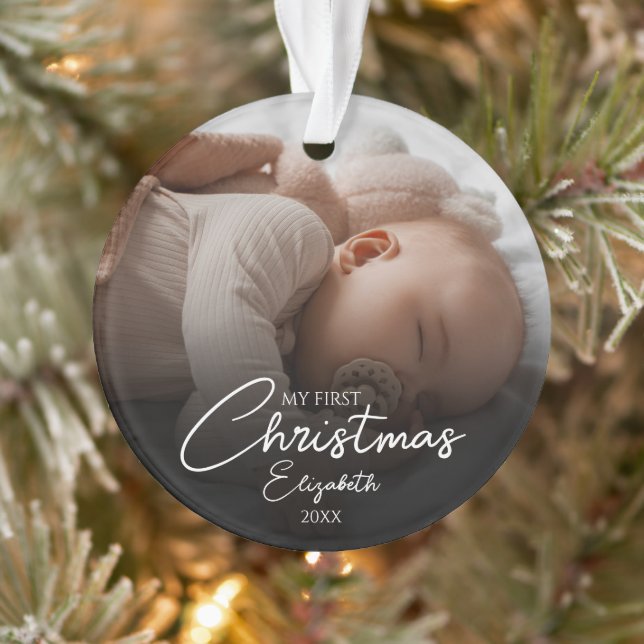 My First Christmas Baby Photo Elegant Script Ornament (Tree)