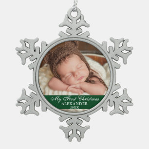 My First Christmas Baby Photo Green Snowflake Pewter Christmas Ornament