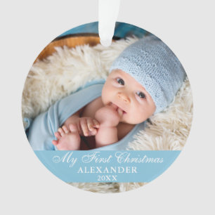 My First Christmas Baby Photo Light Blue Ornament