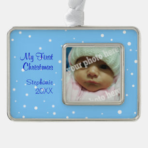 My First Christmas Baby Photo Ornament Blue Snow