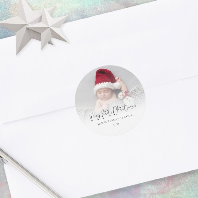 My First Christmas Baby Photo Overlay Name Classic Round Sticker (Creator Uploaded)