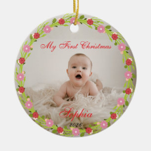 My First Christmas Baby Photo Pink Floral  Ceramic Tree Decoration