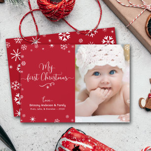My First Christmas Baby Photo Snowflakes Chic Red Holiday Card
