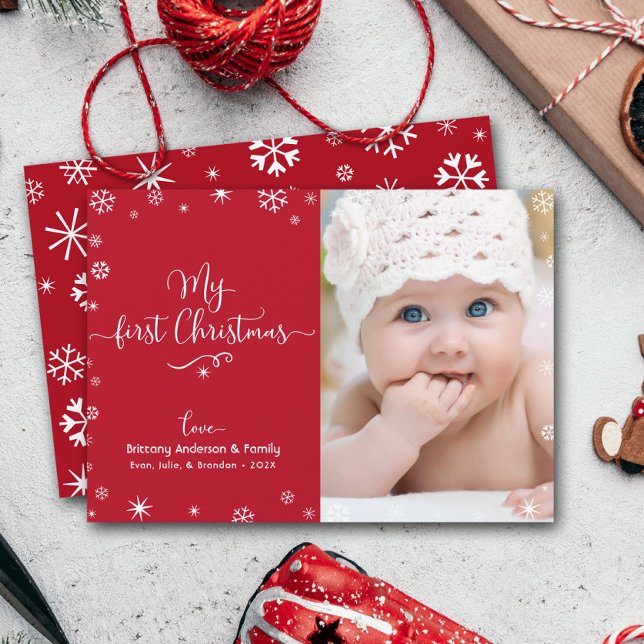 My First Christmas Baby Photo Snowflakes Chic Red Holiday Card (Creator Uploaded)