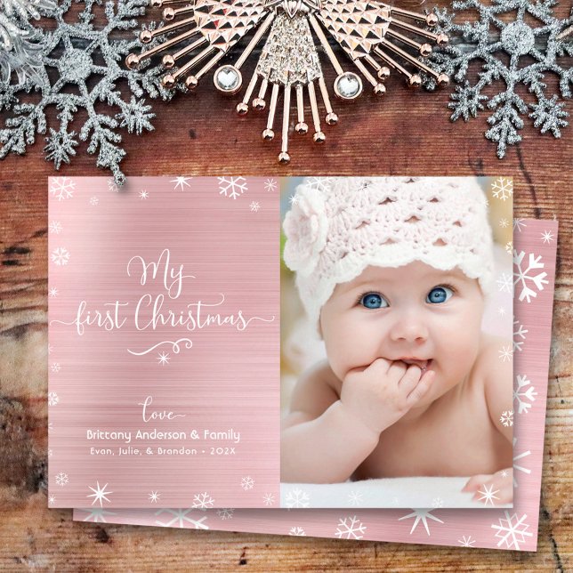My First Christmas Baby Photo Snowflakes Rose Gold Holiday Card (Creator Uploaded)
