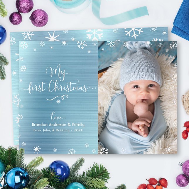 My First Christmas Baby Photo Snowflakes Turquoise Holiday Card (Creator Uploaded)