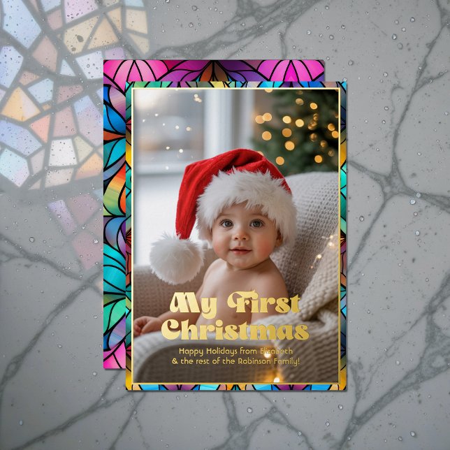 My First Christmas Baby Photo Stained Glass Photo (My First Christmas Baby Photo Stained Glass Photo Foil Holiday Card)