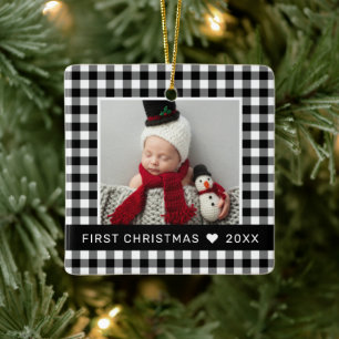 My First Christmas Black Buffalo Plaid Baby Photo Ceramic Ornament