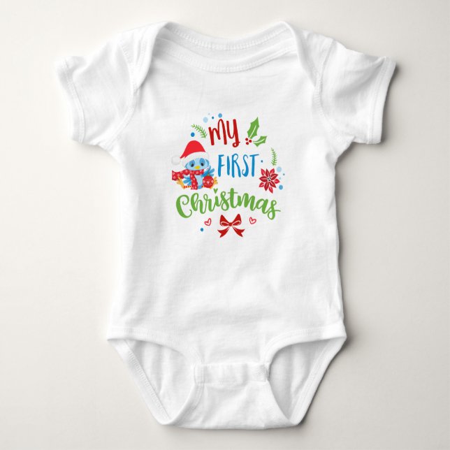 My First Christmas Blue Bird in Santa Hat Baby Bodysuit (Front)